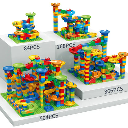 Bloques de construcción de carrera de canicas para niños, tipo laberinto con tobogán de embudo de plástico, ensamblaje de ladrillos DIY; para tu futuro Ingeniero.