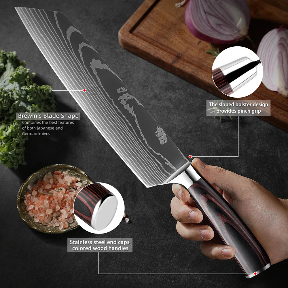 Juego de cuchillos de cocina XITUO 1-9 piezas, cuchillo de chef afilado de acero inoxidable 7Cr17Mov, cuchillo Santoku, cuchillo para fruta, mango ergonómico de madera Pakkawood