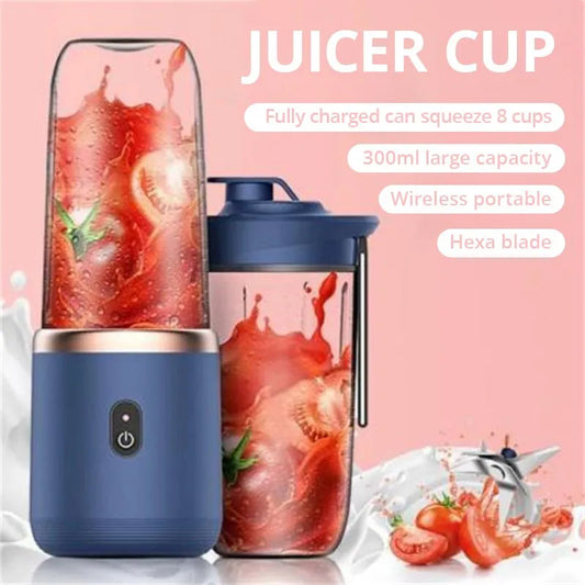 Exprimidor de frutas y licuadora automática para batidos, pequeña, portátil, taza con hoja de acero inoxidable, en color rosa/azul.